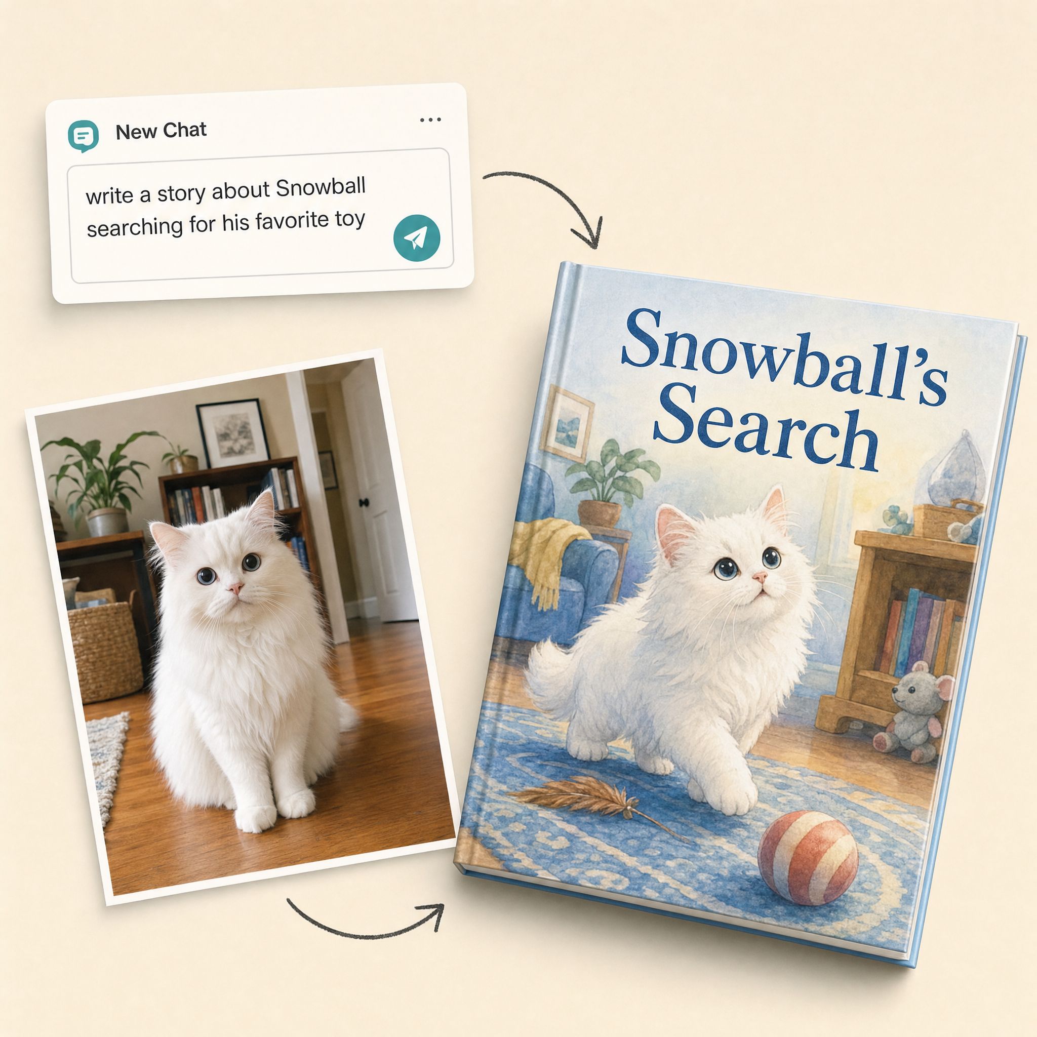 Cat beside a chat prompt, transformed into a personalized hardcover children's book.